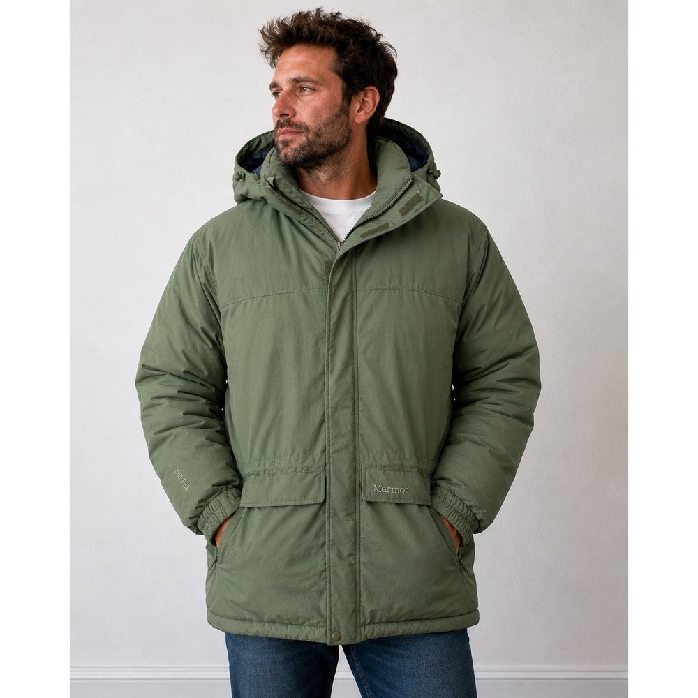 Marmot 650 Fill Down Parka Jacket XXL Green Hooded Goose Down Coat Winter Ski